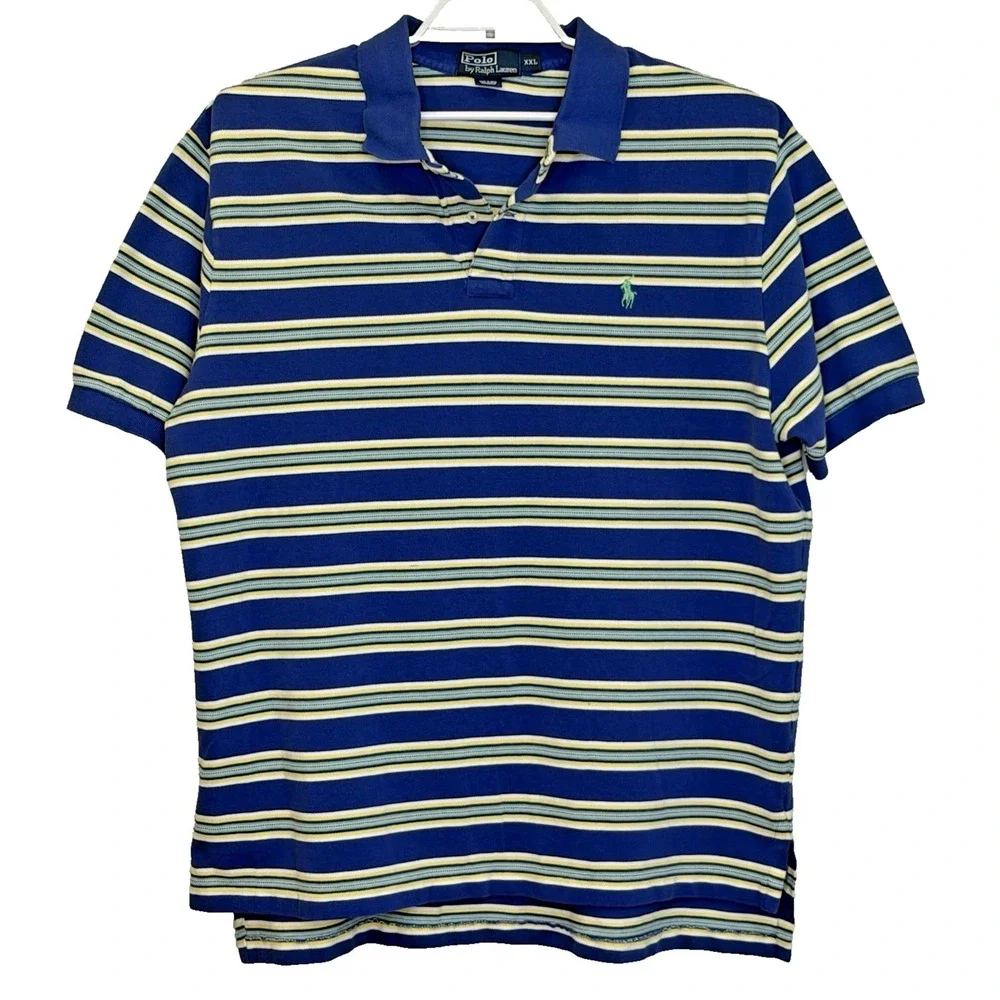 Polo Ralph Lauren Polo Shirt Mens XXL Blue Stripe Short Sleeve Pique Cotton